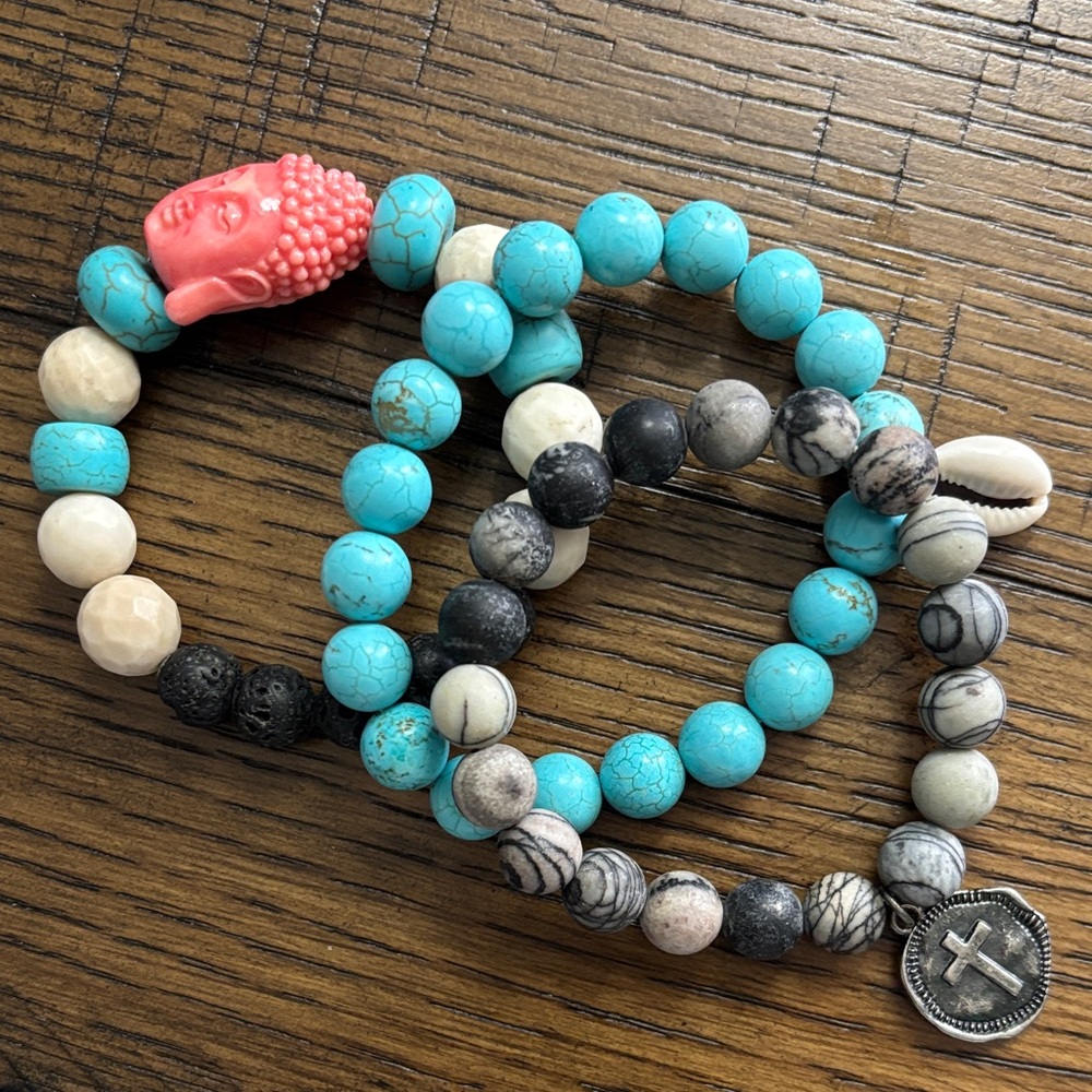 Turquoise and Coral Beaded Bracelet Stack